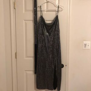 Sequin Zara Dress with Slit and fringe belt